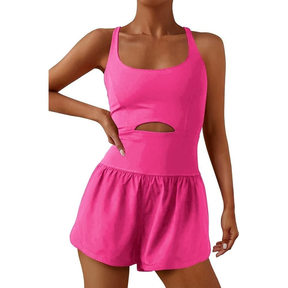 Anrabess Athletic Romper Pink Tennis Stretchy Workout Cut Out Skort Tank Outfit